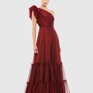 Mac Duggal Red Burgundy One-Shoulder Organza Dress